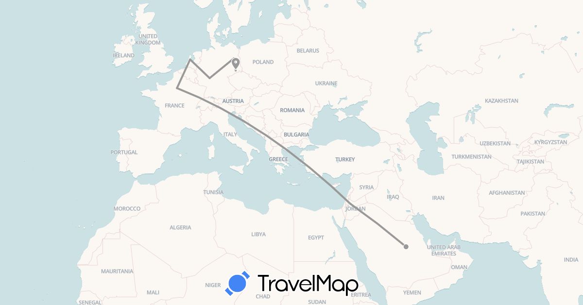 TravelMap itinerary: driving, plane in Germany, France, Jordan, Netherlands, Saudi Arabia (Asia, Europe)